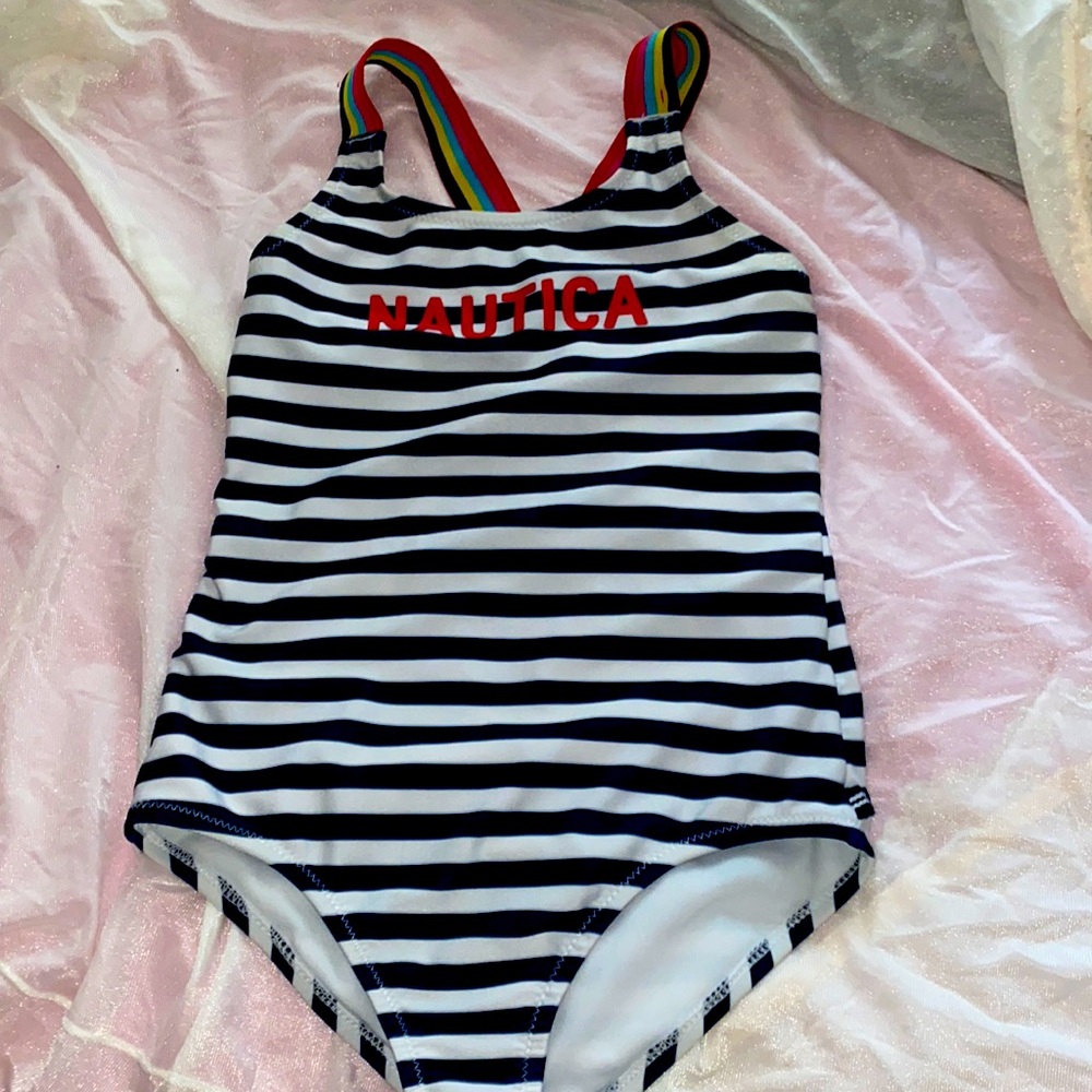 Navy blue & white striped Nautica one piece